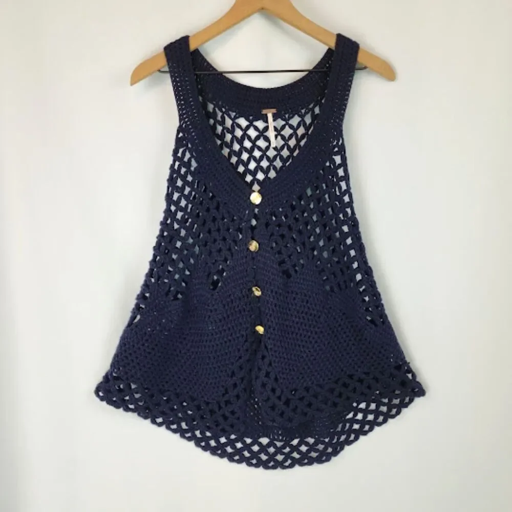 Free People Women's Navy Boho Crochet Knit Cardigan Vest Size XS